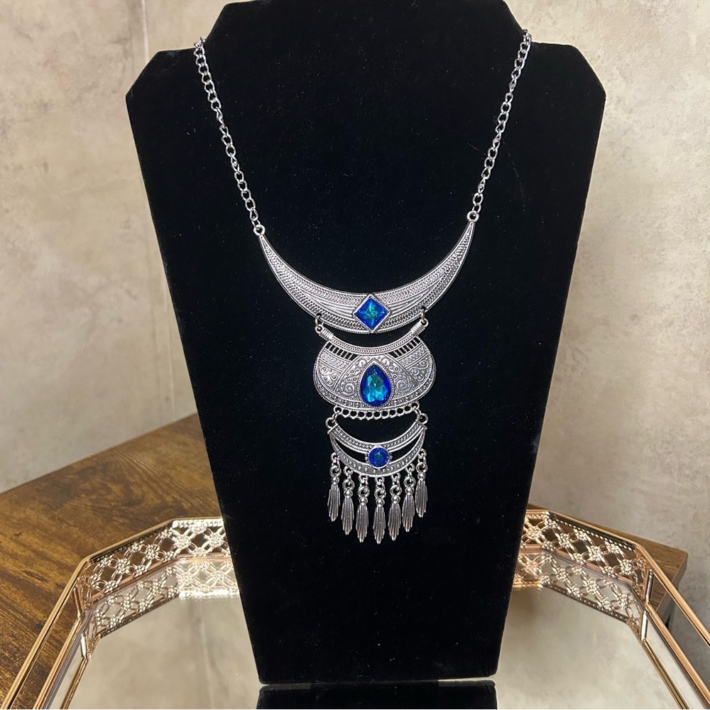 Silver Tone and Blue Statement Necklace